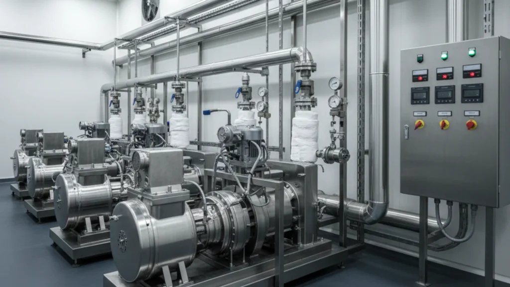 Industrial refrigeration system design showing compressors piping and controls in an Indian plant